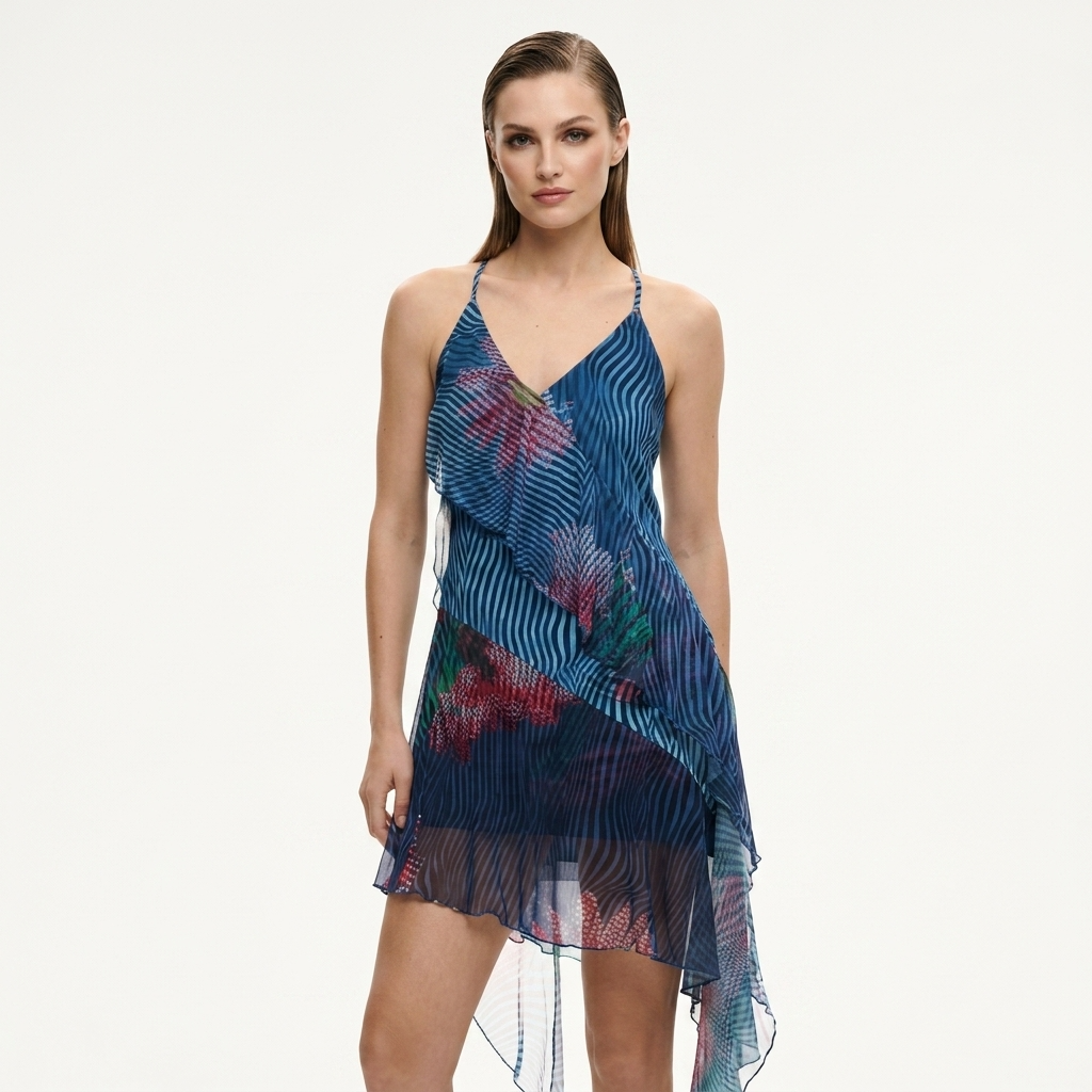 2451048 Desigual Abito Corto Blu Stampa Smanicato Donna