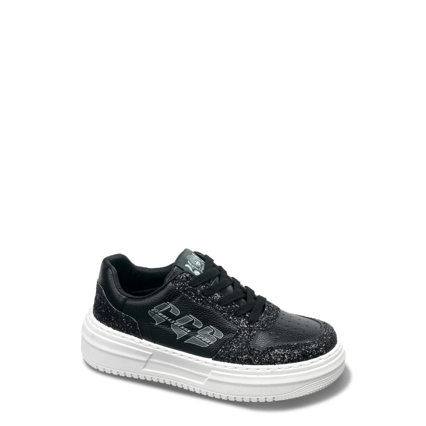 Sneaker donna nera con glitter, suola bianca spessa, dettaglio logo laterale, moda casual