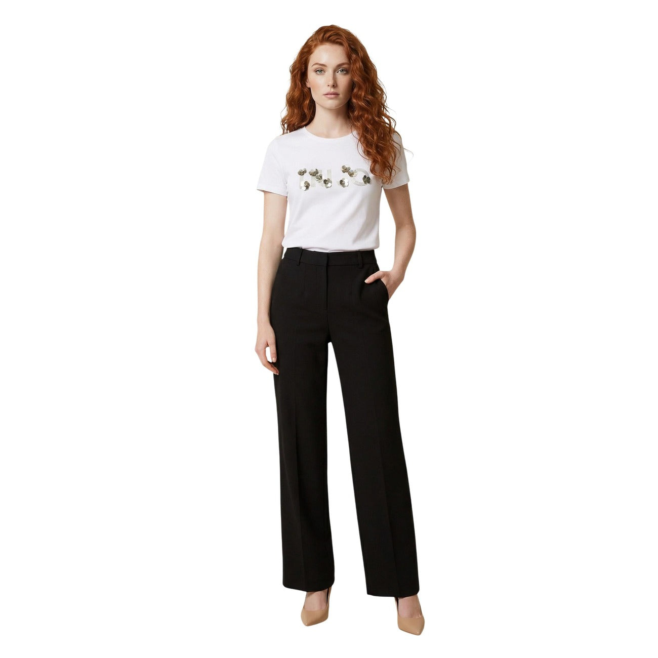 2456455 Liu Jo T-Shirt Donna Beige Cotone Stampa Strass