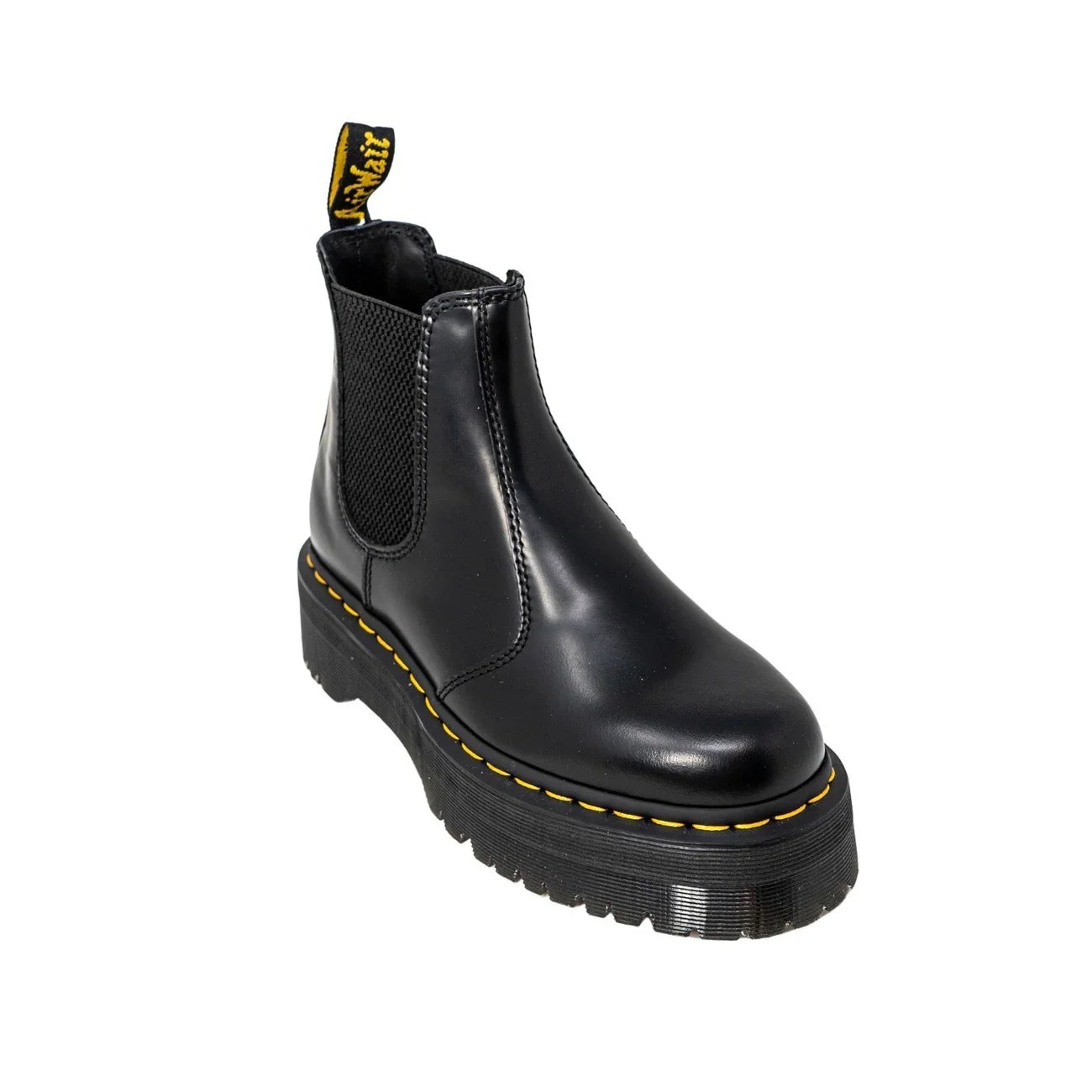 Stivaletto chelsea donna in pelle nera con suola alta, dettaglio cuciture gialle