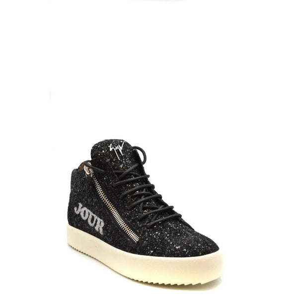 Sneakers Nere Pelle Strass Zip Lacci Donna