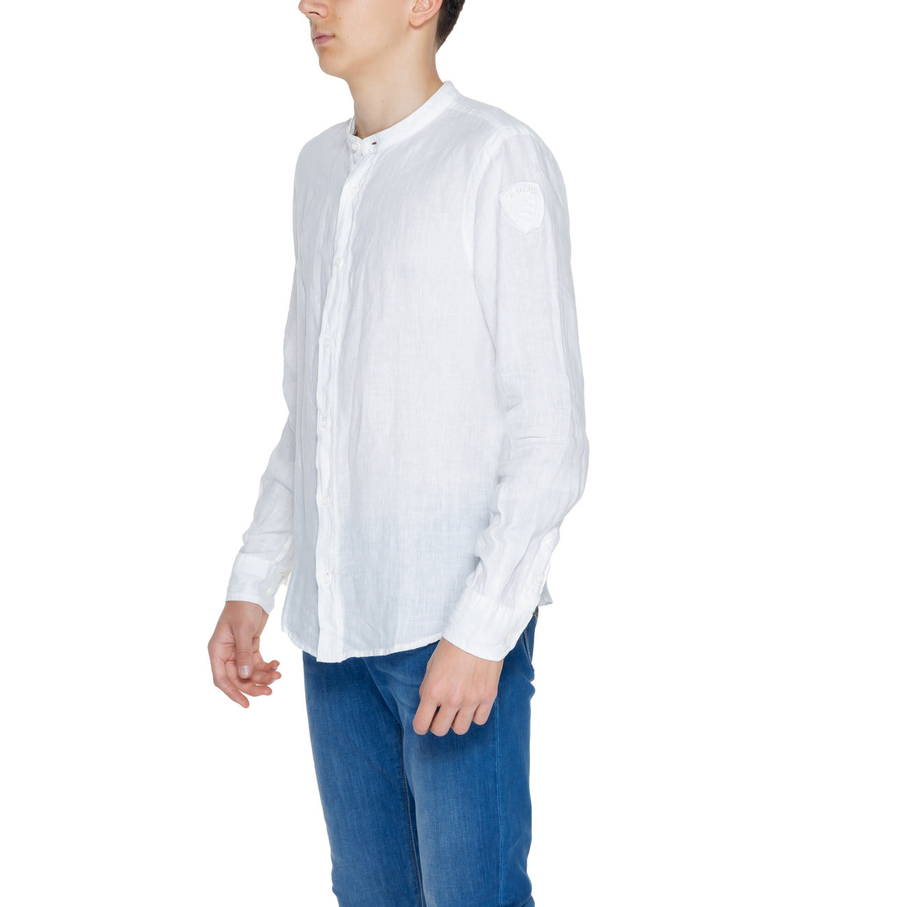 2250732 Blauer Camicia Bianca Lino Colletto Coreano Uomo