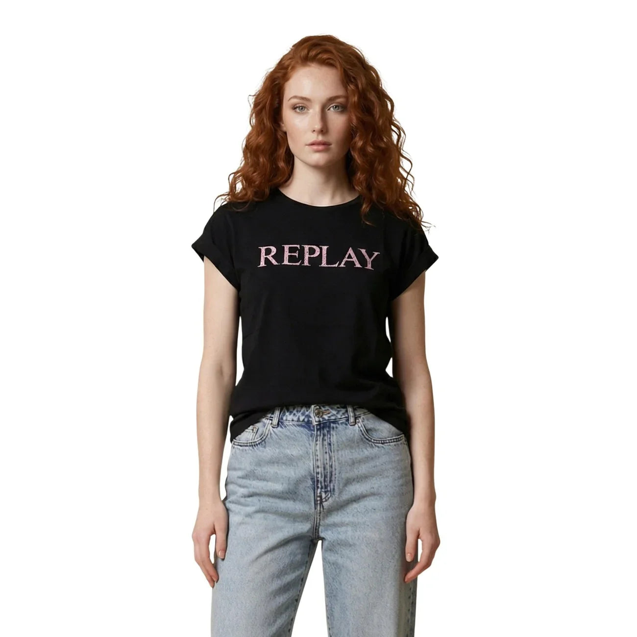 2456560 Replay T-Shirt Nera Stampa Cotone Donna