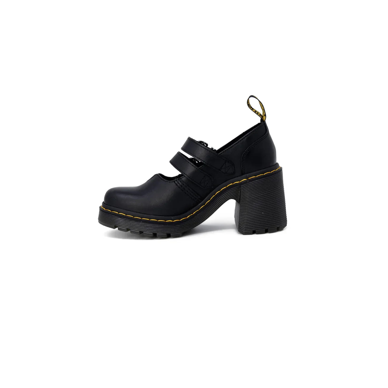 Scarpa donna nera con tacco alto spesso, cinturini e suola carroarmato, stile moda.