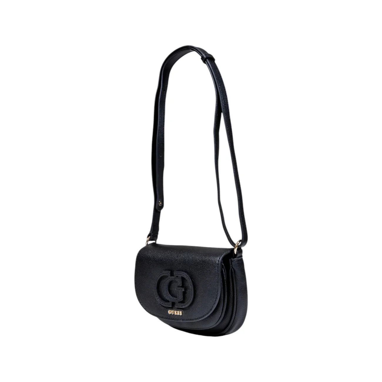 Borsa a tracolla nera donna Guess in pelle con logo e dettaglio oro, moda elegante