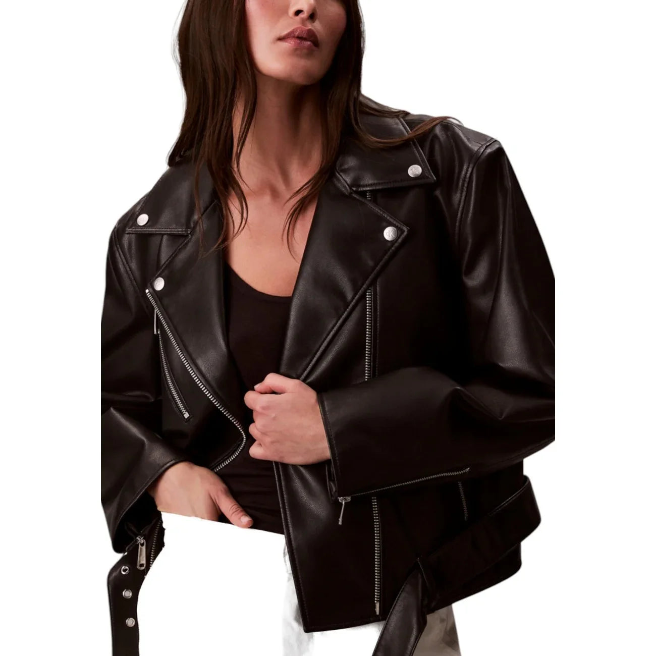 Giacca biker donna in ecopelle nera, stile moderno, moda autunno inverno