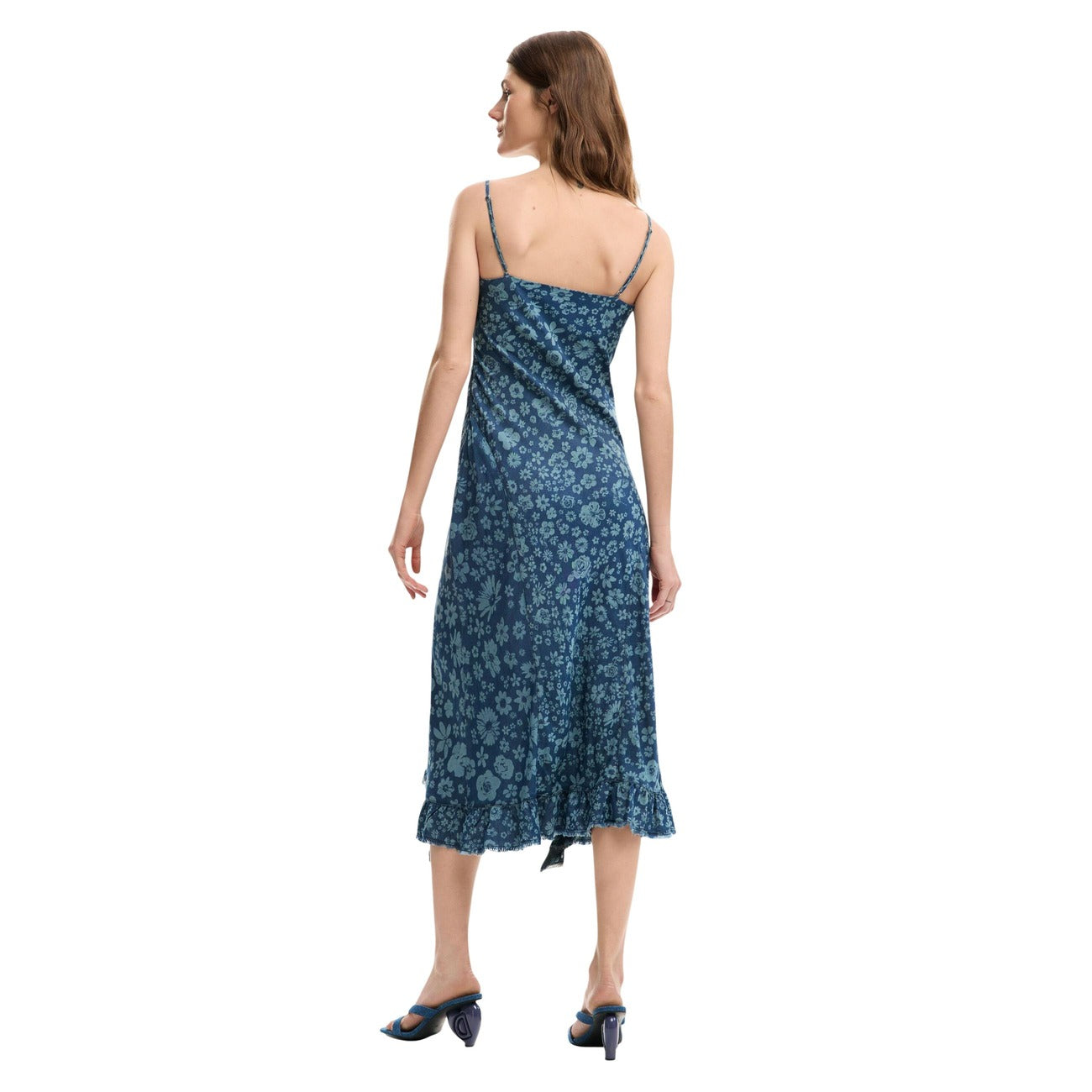 2453051 Desigual Abito Lungo Azzurro Floreale Lyocell Smanicato Donna