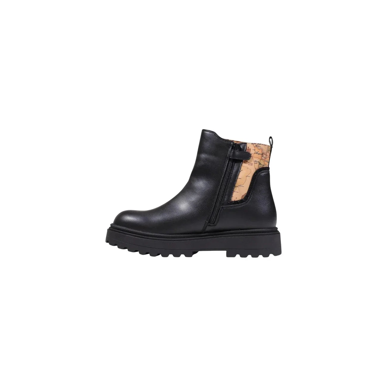 Stivaletto nero donna in pelle con suola carrarmato e dettaglio posteriore beige decorato.