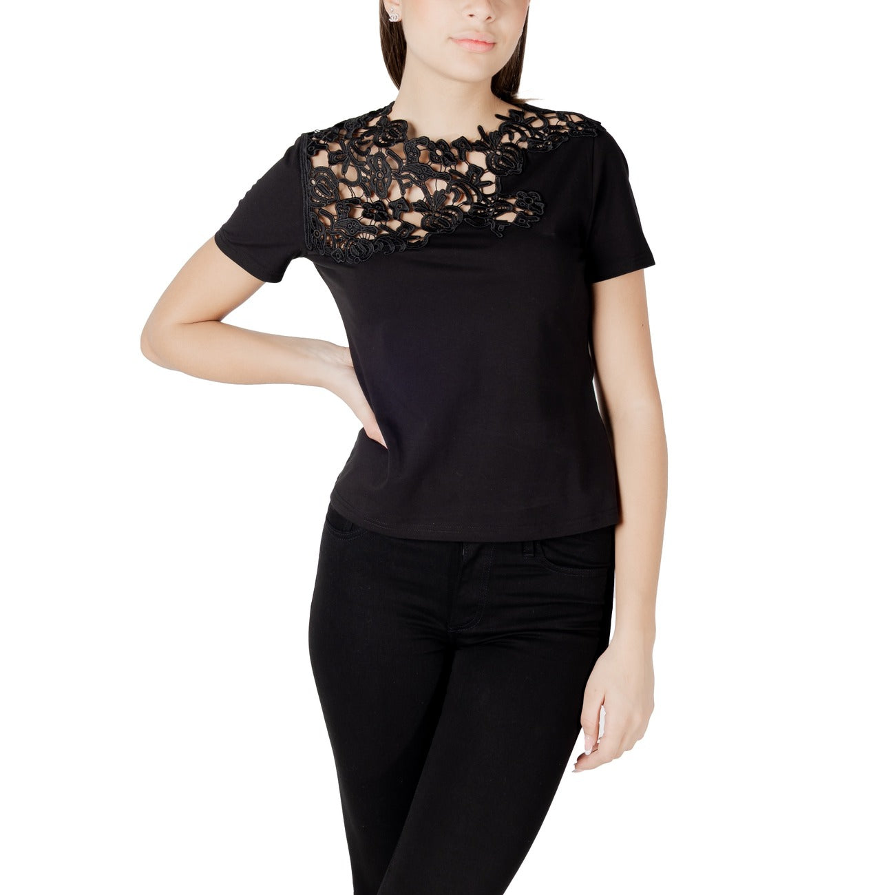 2418614 Morgan De Toi T-Shirt Nera Bottone Scollo Tondo Donna