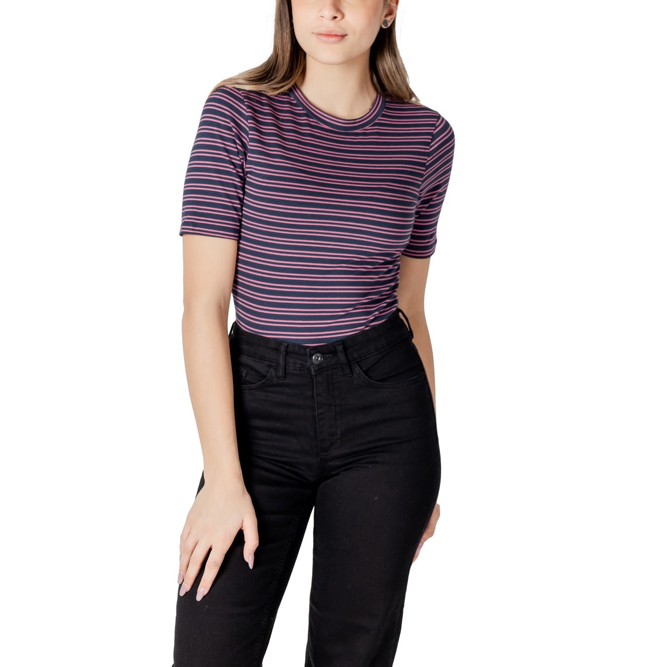 2413469 Ichi T-Shirt Blu Righe Scollo Tondo Donna