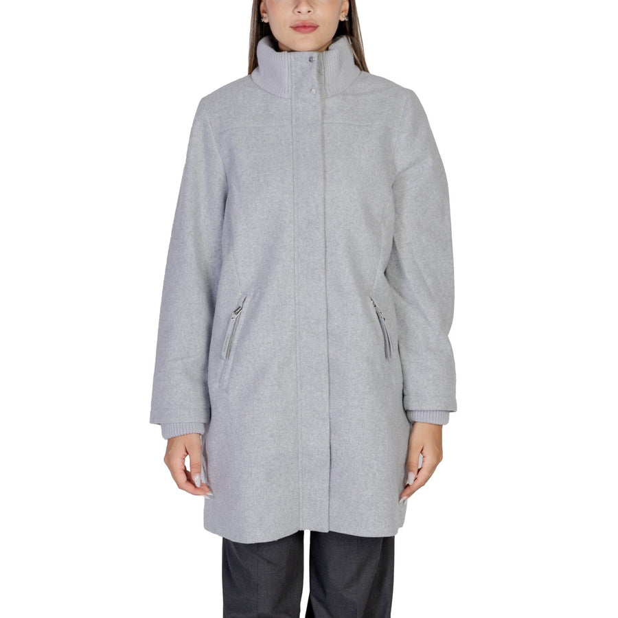 Cappotto Lungo in Panno Misto Lana con Collo Alto Grigio Melange