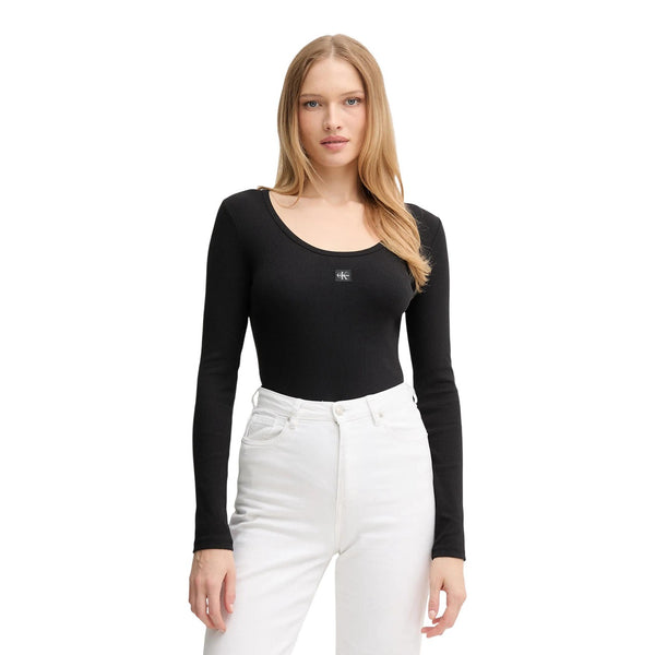 Ribbed Woven Label Scoop Neck Top K20K206414 T-Shirt Donna
