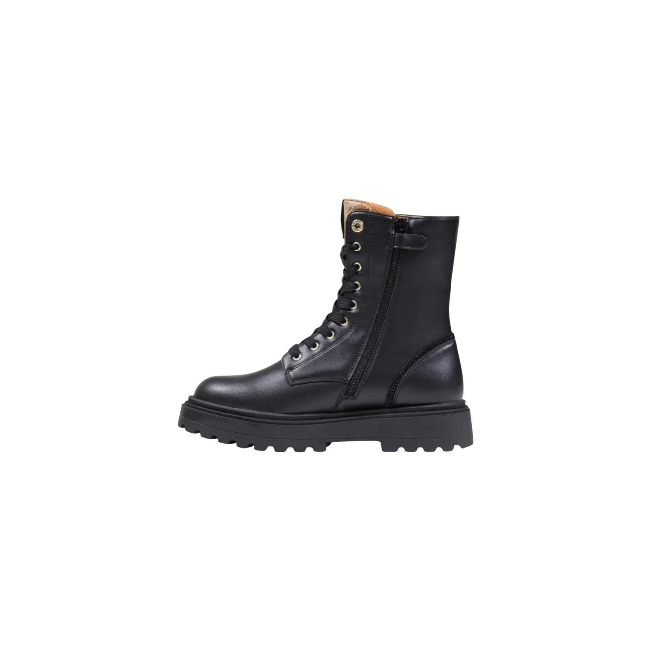 Anfibo donna in pelle nera con zip laterale e suola carrarmato, stivaletto moda