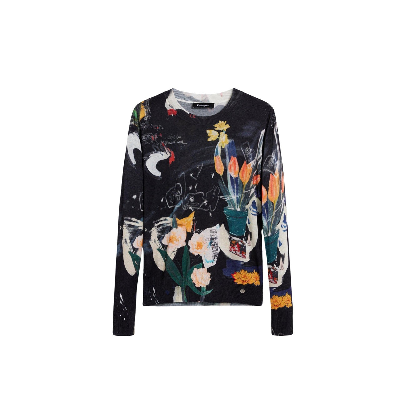 2453555 Desigual Maglia Donna Nera Stampa Viscosa Lino