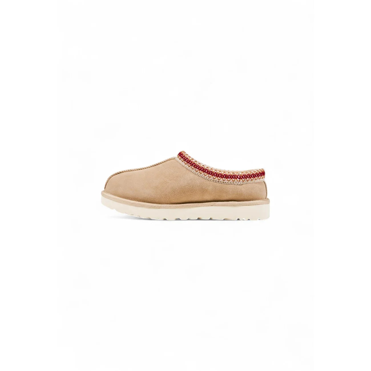 Slip-on beige in suede per donna e uomo con suola chiara e bordo decorativo rosso