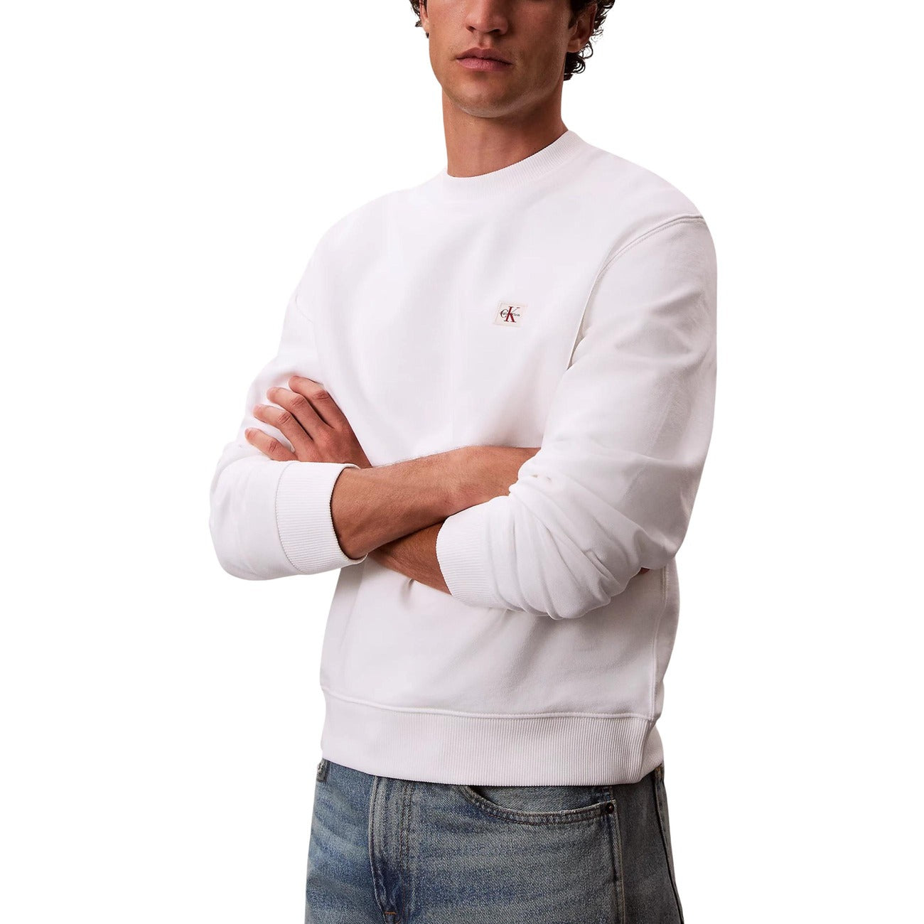 2446230 Calvin Klein Jeans Felpa Bianca Scollo Tondo Uomo