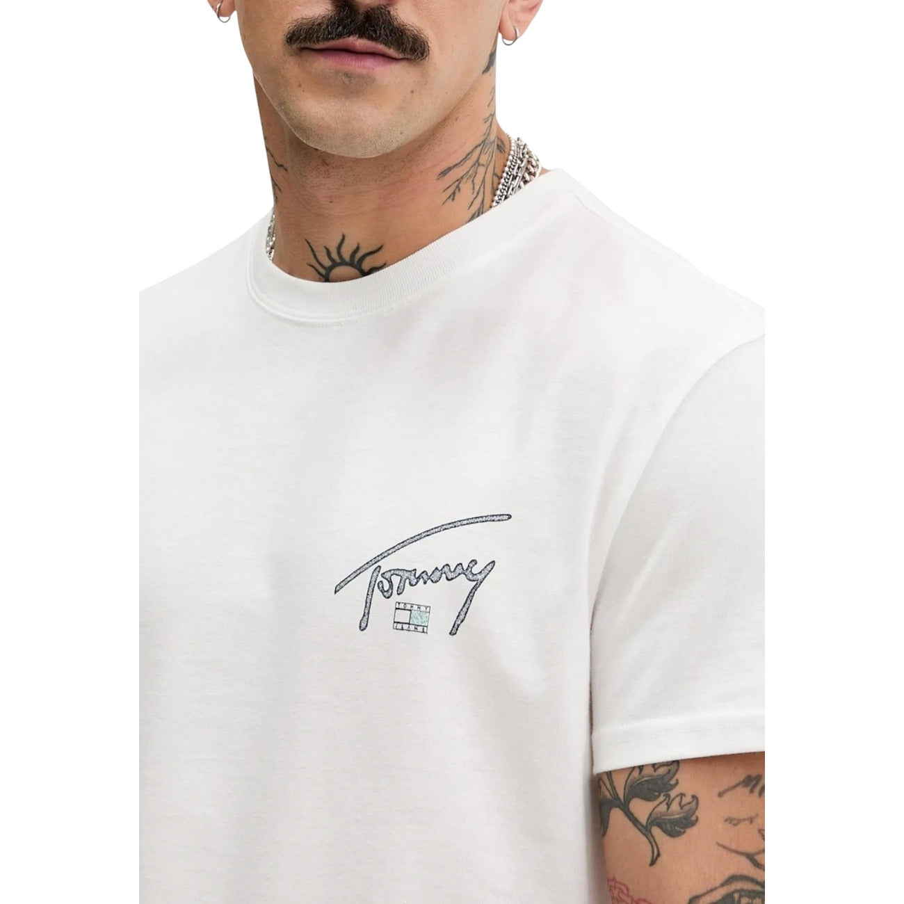 2447169 Tommy Hilfiger Jeans T-shirt Bianca Stampa Cotone Organico Uomo