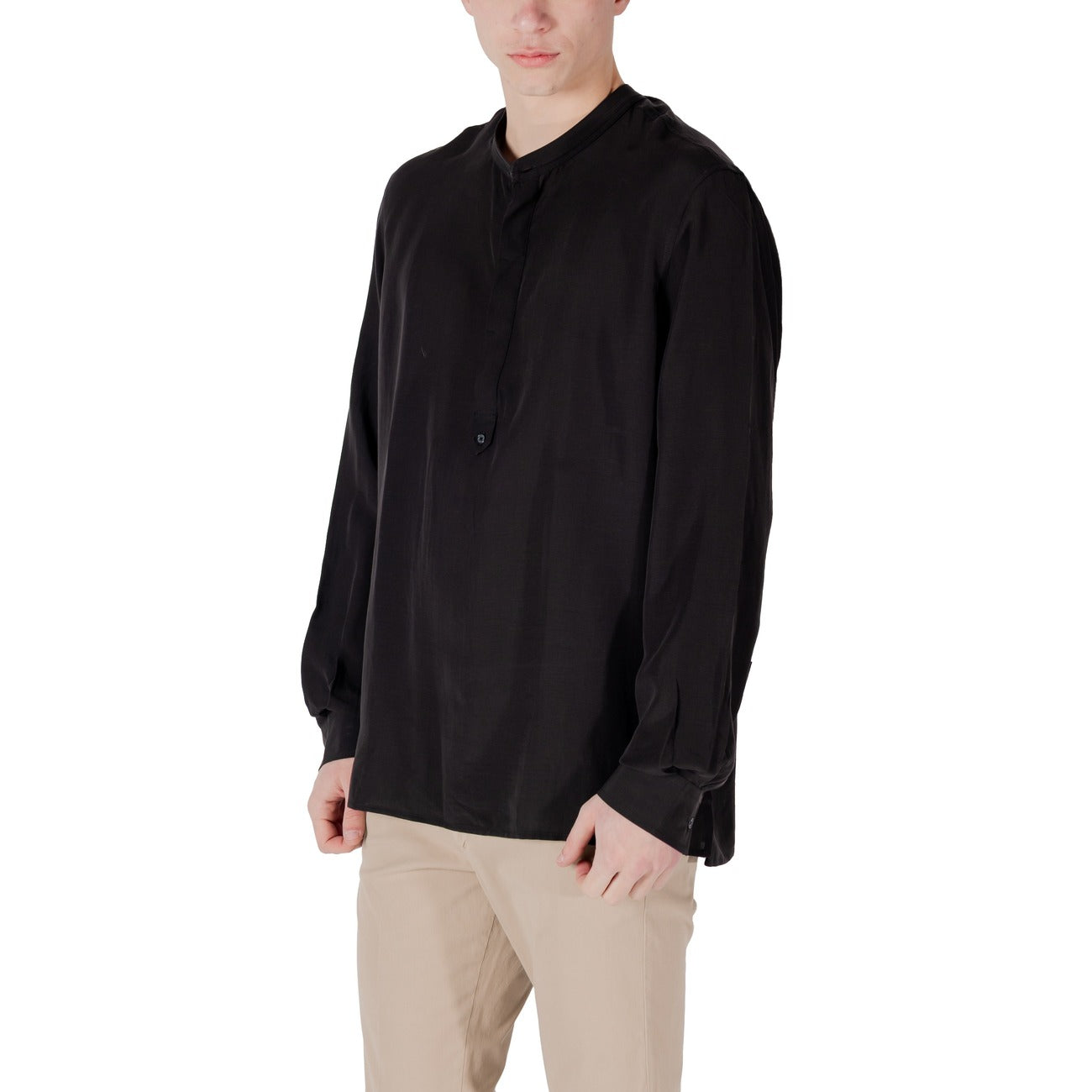 2420142 Antony Morato Camicia Nera Lyocell Lino Colletto Coreana Uomo