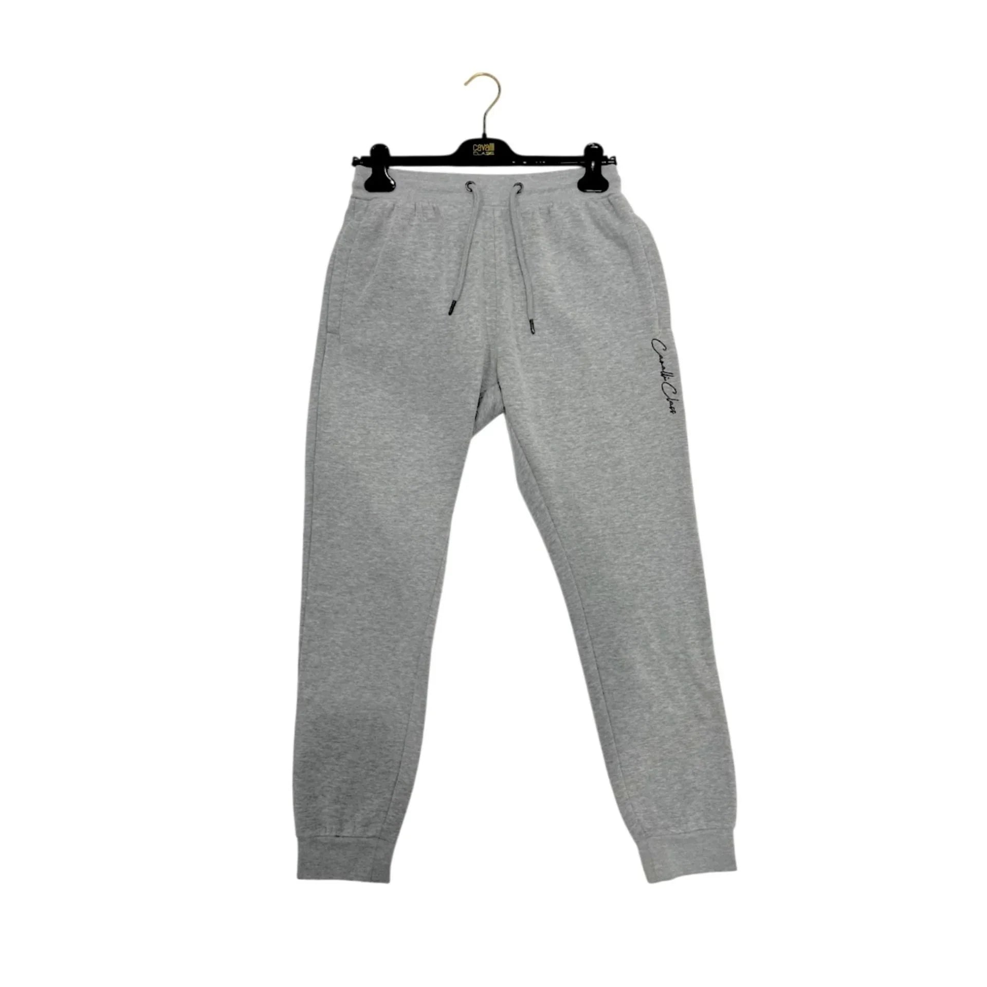Pantaloni jogger grigi da uomo con coulisse e logo ricamato, moda casual.