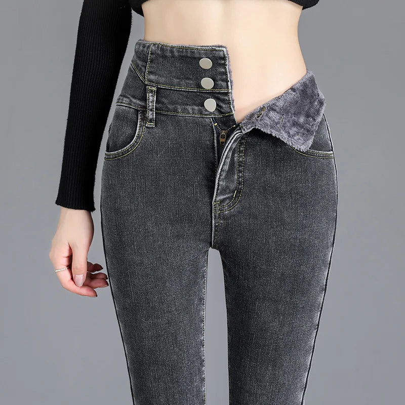 Jeans skinny caldi a vita alta in pile spesso invernale termico da donna, pantaloni a matita elasticizzati con bottoni.