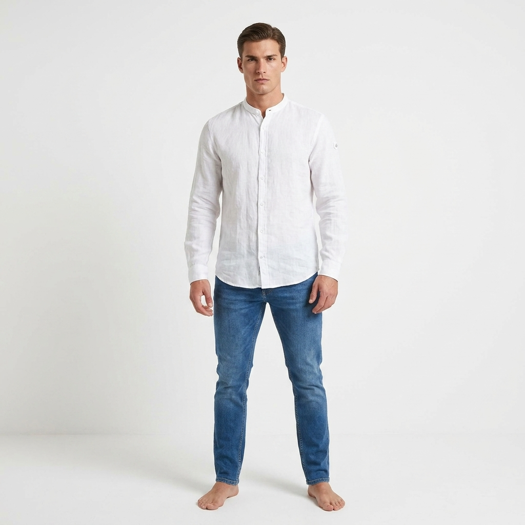 2250732 Blauer Camicia Bianca Lino Colletto Coreano Uomo