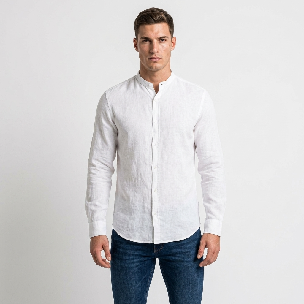 2250732 Blauer Camicia Bianca Lino Colletto Coreano Uomo