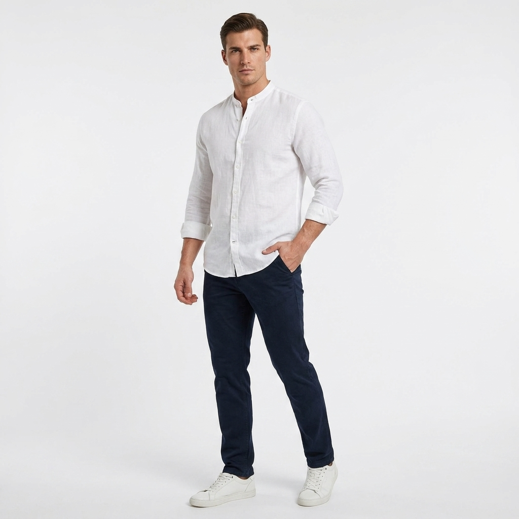 2250732 Blauer Camicia Bianca Lino Colletto Coreano Uomo