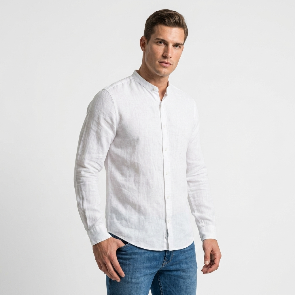 2250732 Blauer Camicia Bianca Lino Colletto Coreano Uomo