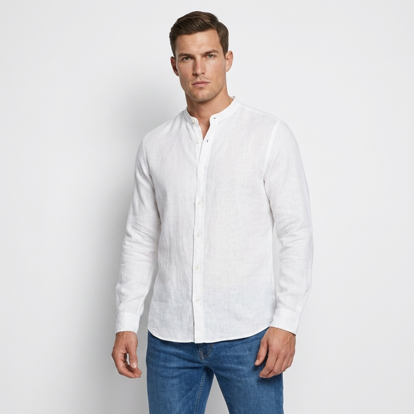Camicia Bianca Lino Colletto Coreano Uomo