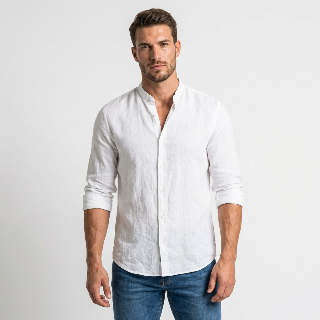 2250732 Blauer Camicia Bianca Lino Colletto Coreano Uomo