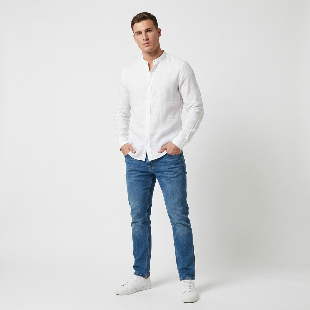 2250732 Blauer Camicia Bianca Lino Colletto Coreano Uomo