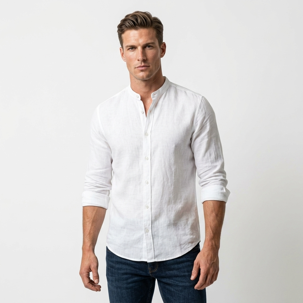 2250732 Blauer Camicia Bianca Lino Colletto Coreano Uomo