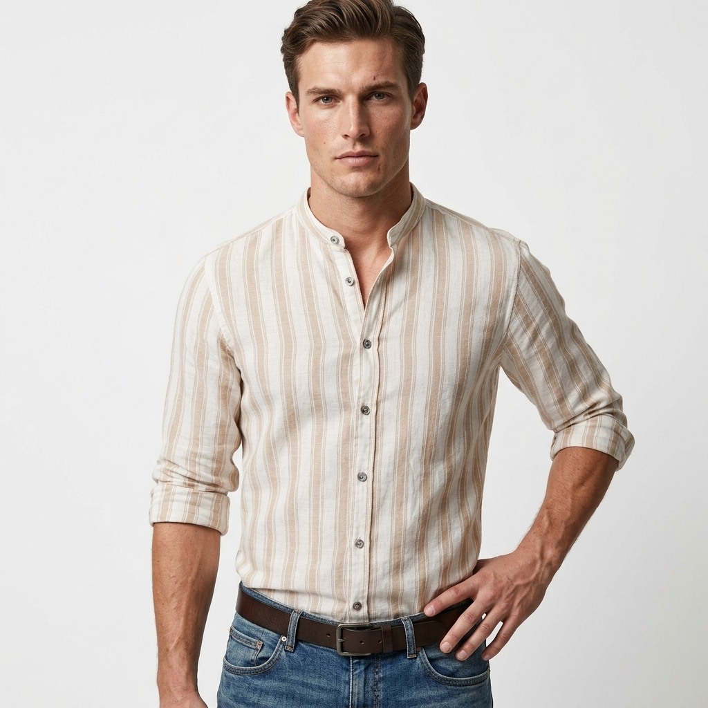 2413216 Gianni Lupo Camicia Beige Righe Uomo