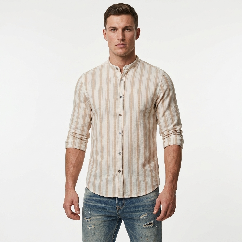 2413216 Gianni Lupo Camicia Beige Righe Uomo