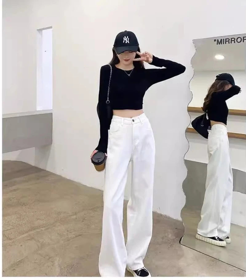 Pantaloni larghi in denim da donna, nuovi, design Sense, pantaloni retrò a gamba dritta, pantaloni larghi casual alla moda, tinta unita