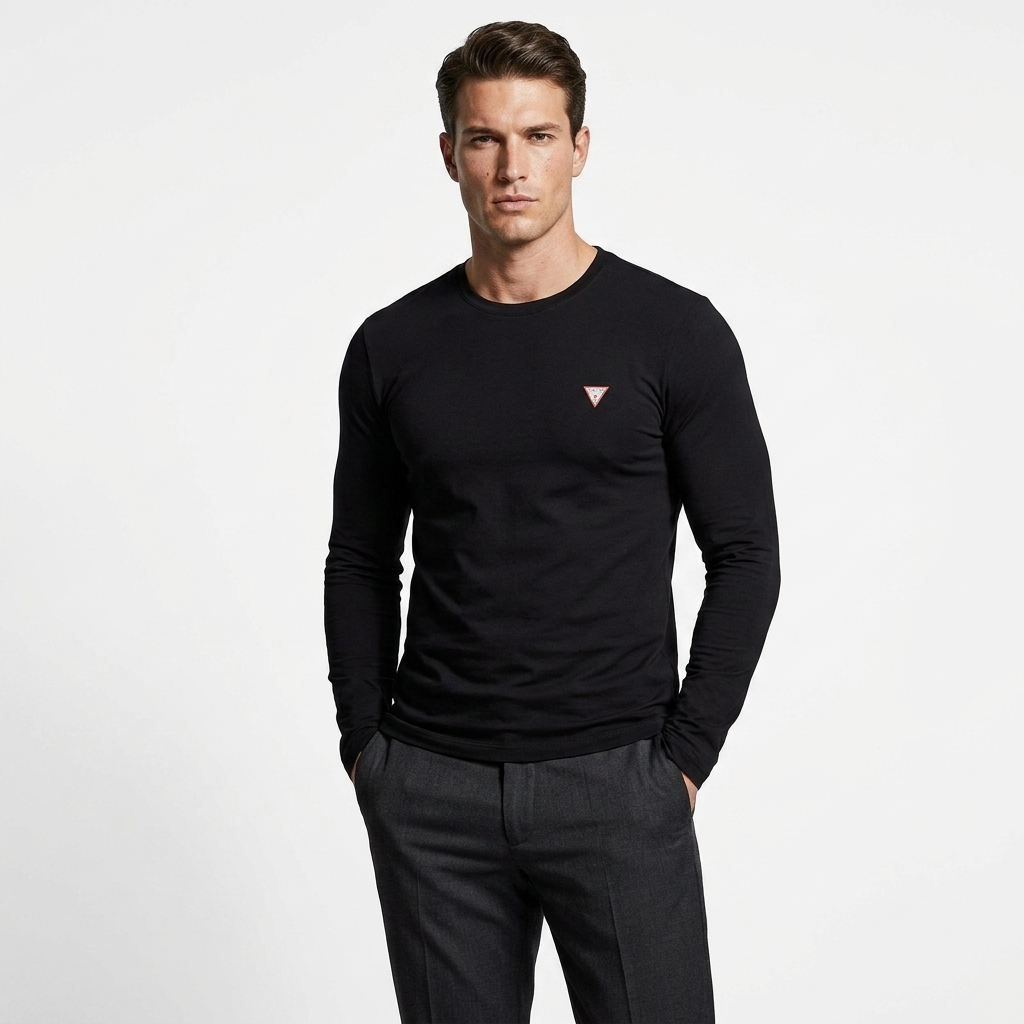 2448579 Guess T-shirt Nera Maniche Lunghe Elastan Uomo