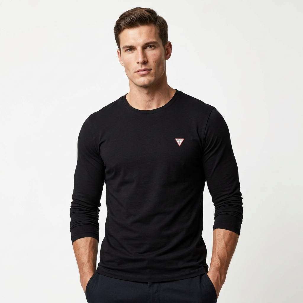 2448579 Guess T-shirt Nera Maniche Lunghe Elastan Uomo