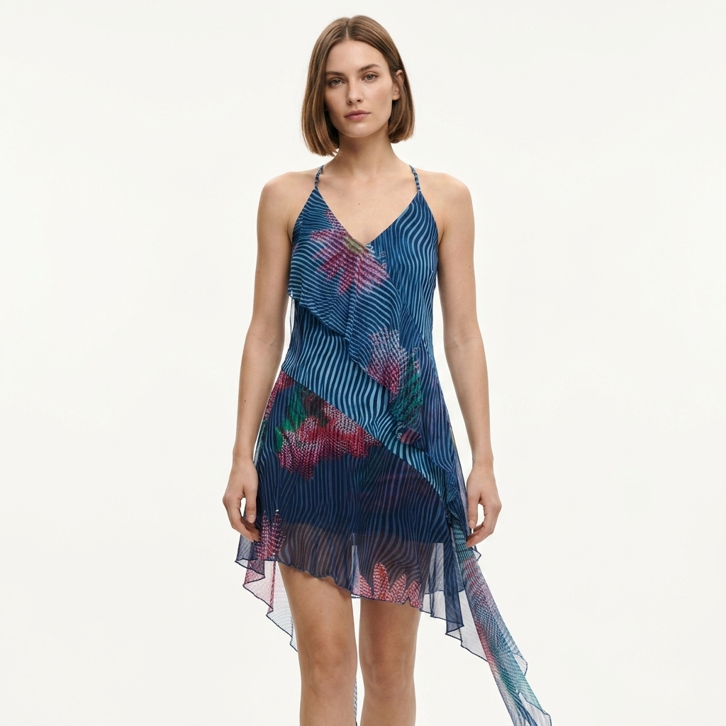 2451048 Desigual Abito Corto Blu Stampa Smanicato Donna