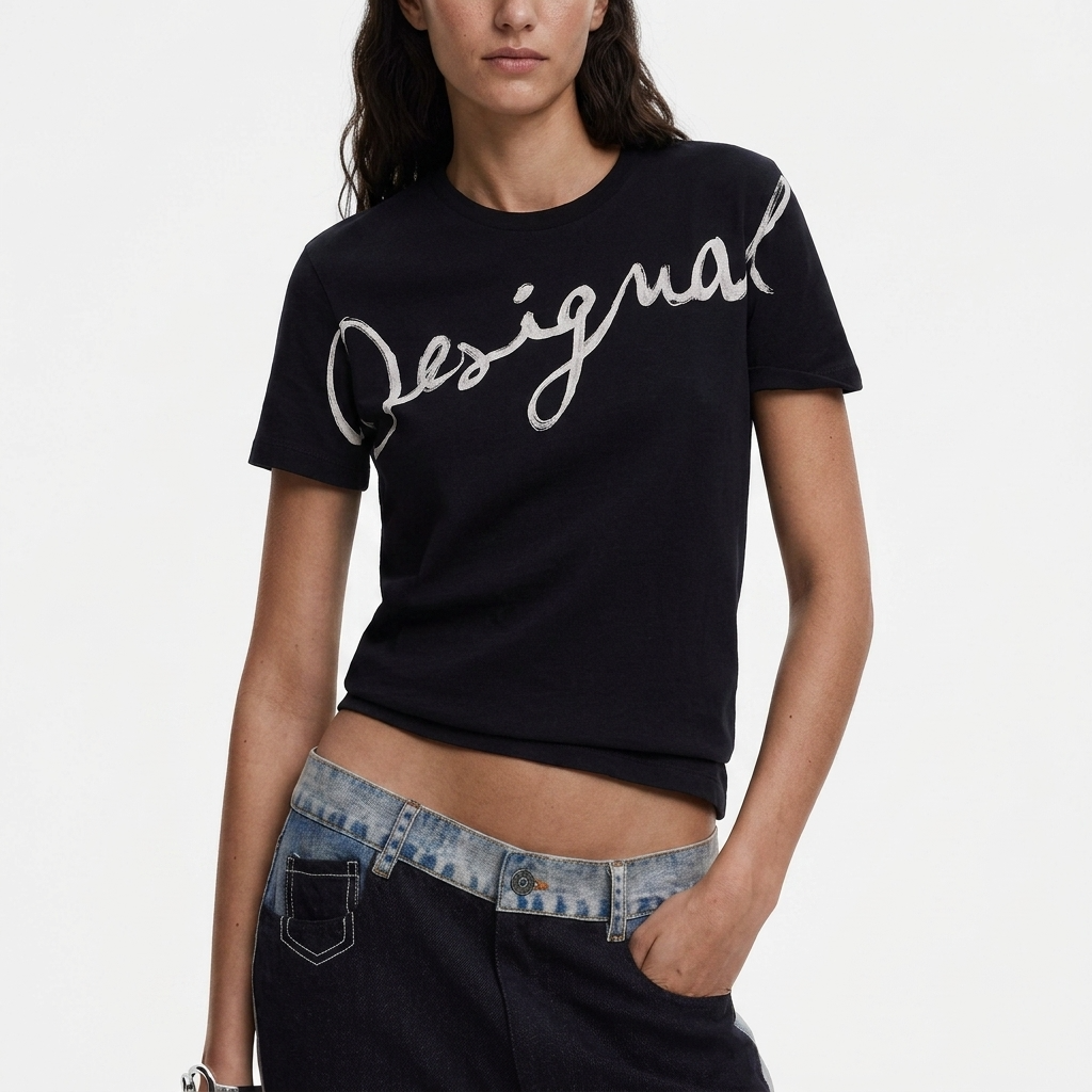 2451093 Desigual T-Shirt Donna Nera Stampa Cotone
