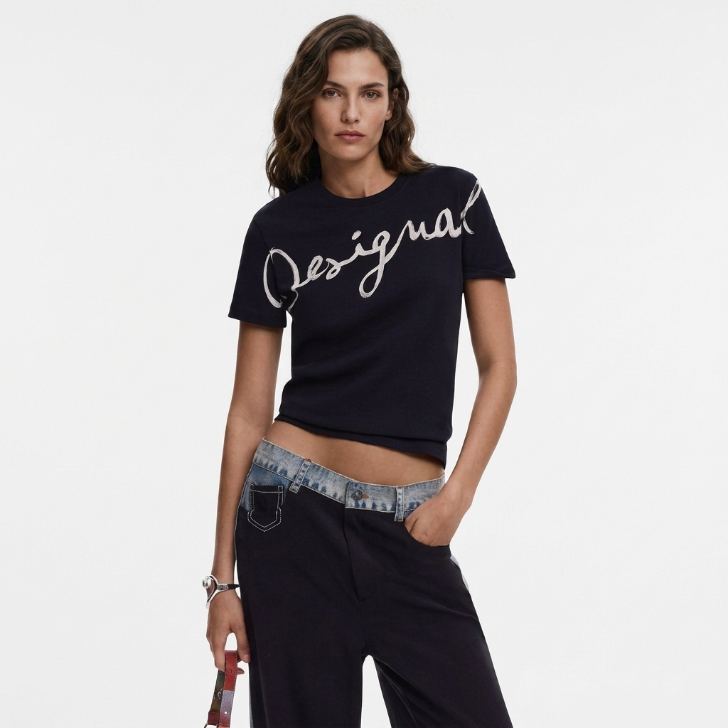 2451093 Desigual T-Shirt Donna Nera Stampa Cotone