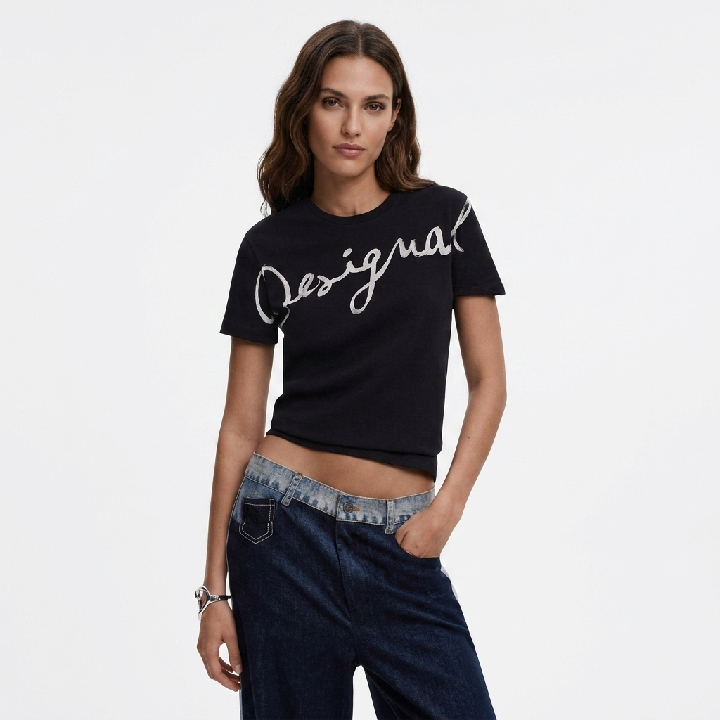 2451093 Desigual T-Shirt Donna Nera Stampa Cotone