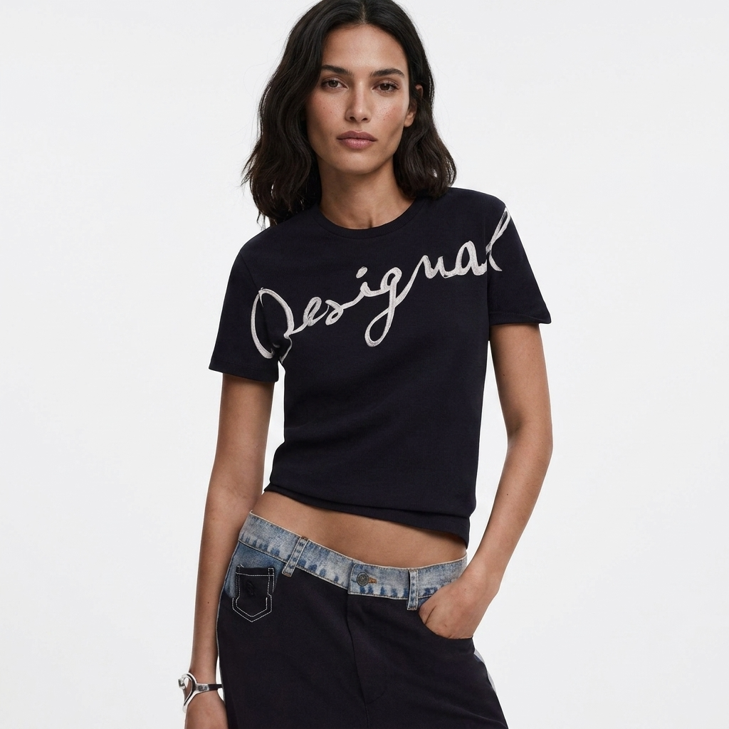 2451093 Desigual T-Shirt Donna Nera Stampa Cotone