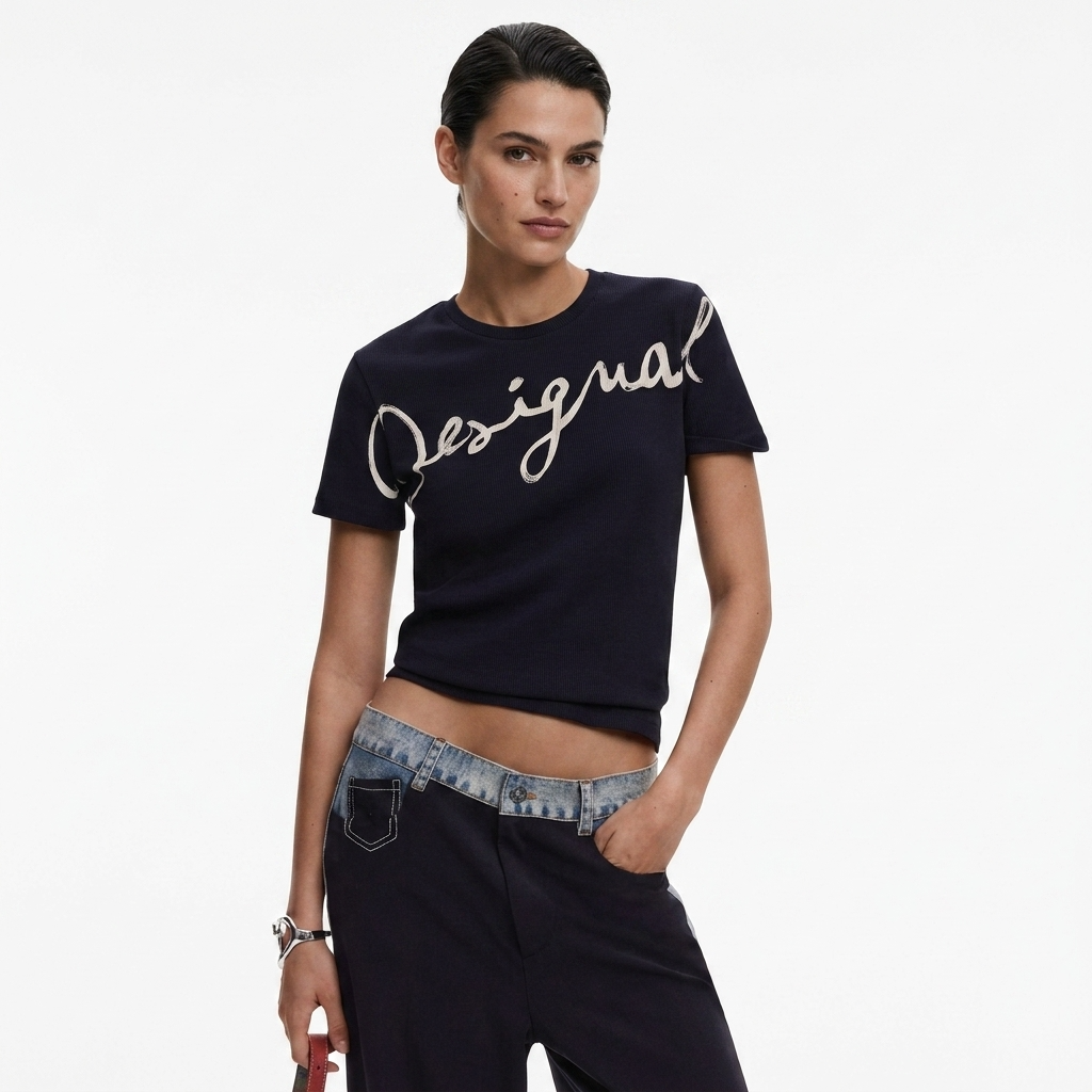 2451093 Desigual T-Shirt Donna Nera Stampa Cotone