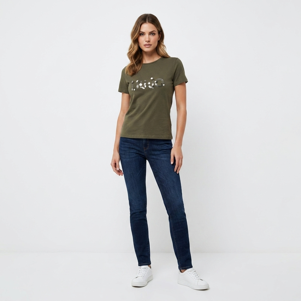 2456460 Liu Jo T-Shirt Donna Verde Cotone Stampa Strass