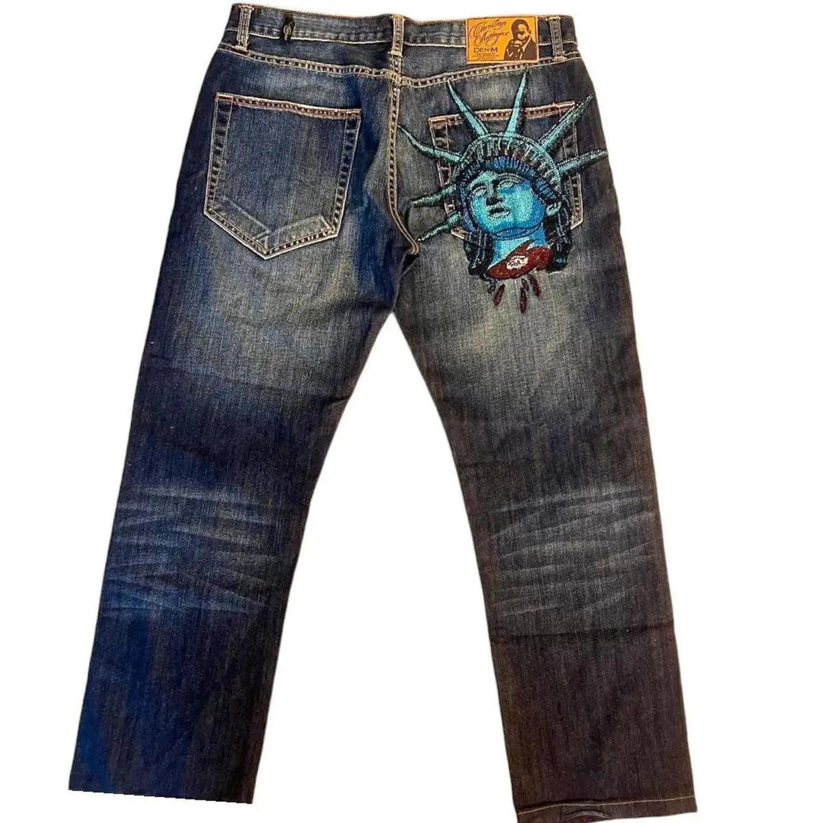Jeans con diamanti della Statua della Libertà degli anni 2000, pantaloni casual in denim, vita alta, dritti, gamba larga, abbigliamento vintage da donna Harajuku