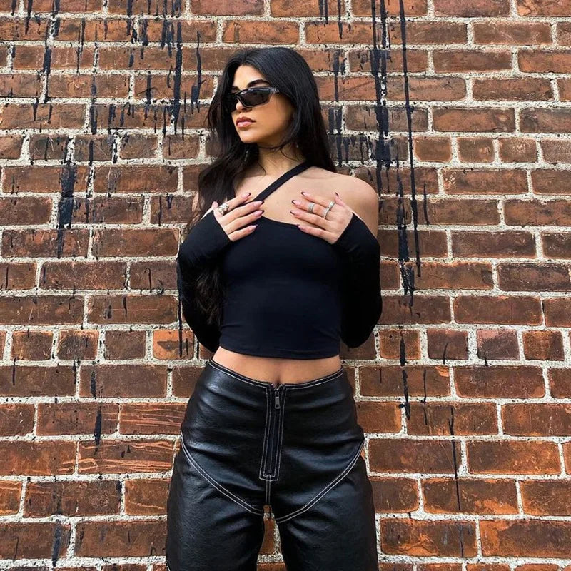 Maglietta casual alla moda autunnale con maniche staccabili, slim e tinta unita, per donna, nuova maglietta streetwear selvaggia e basic da donna