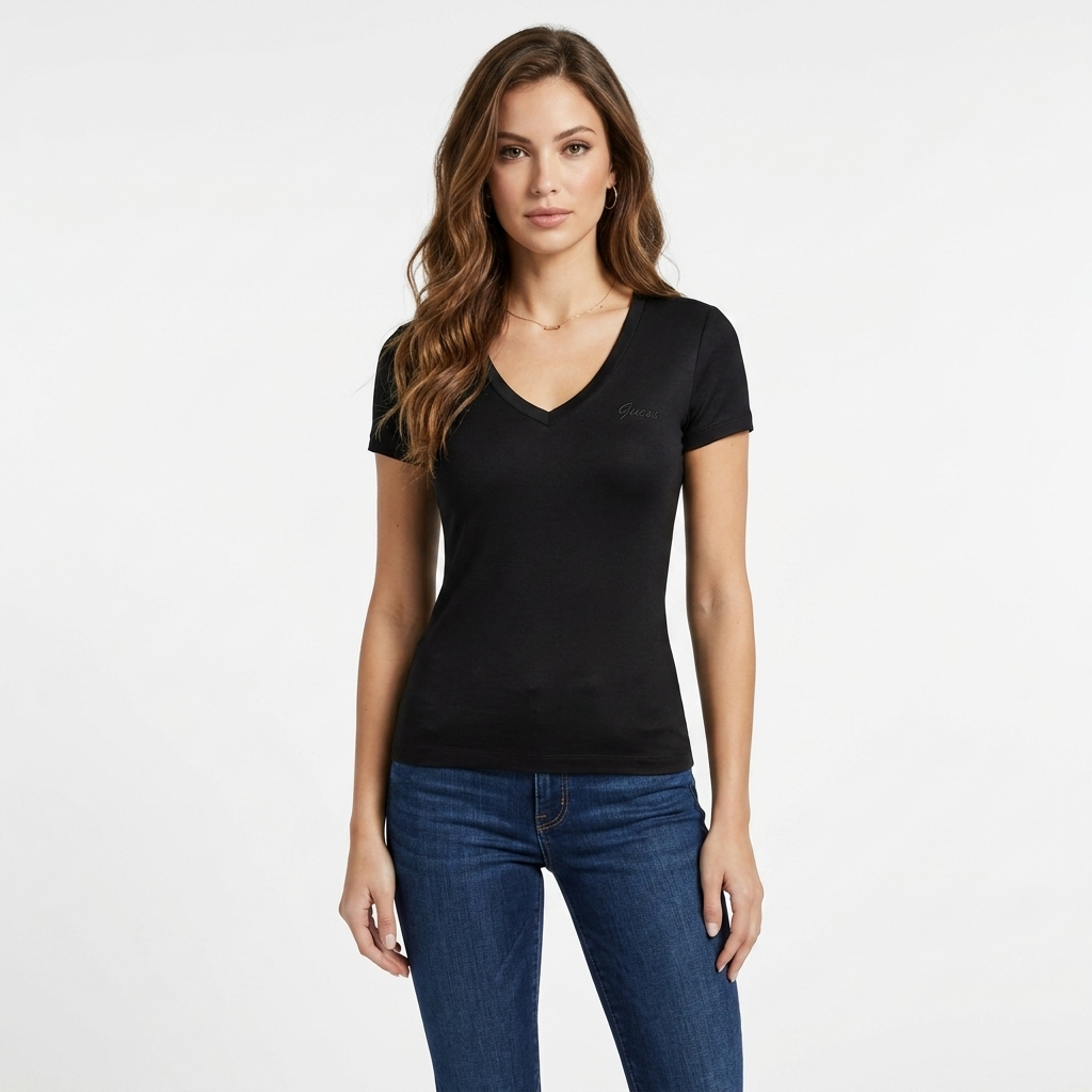 482845 Guess T-Shirt Nera Scollo V Donna