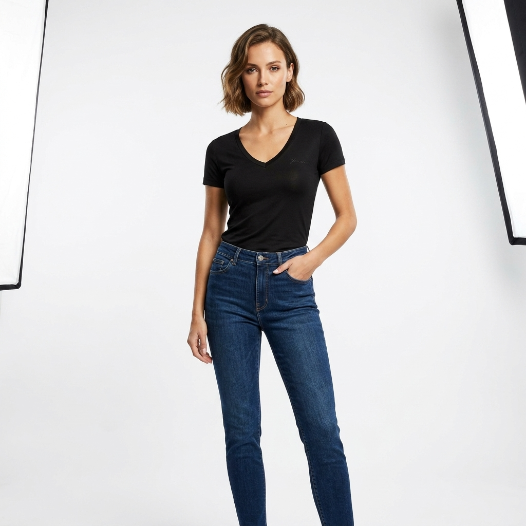 482845 Guess T-Shirt Nera Scollo V Donna