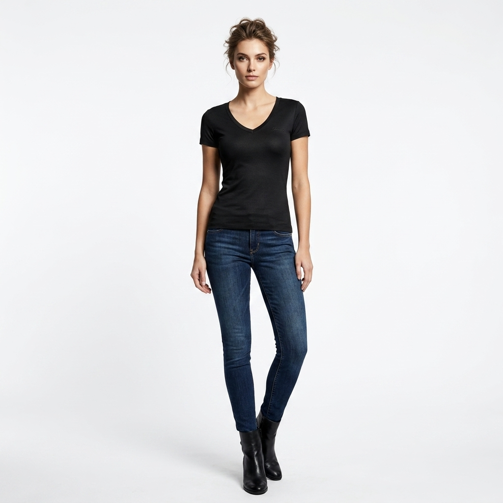 482845 Guess T-Shirt Nera Scollo V Donna