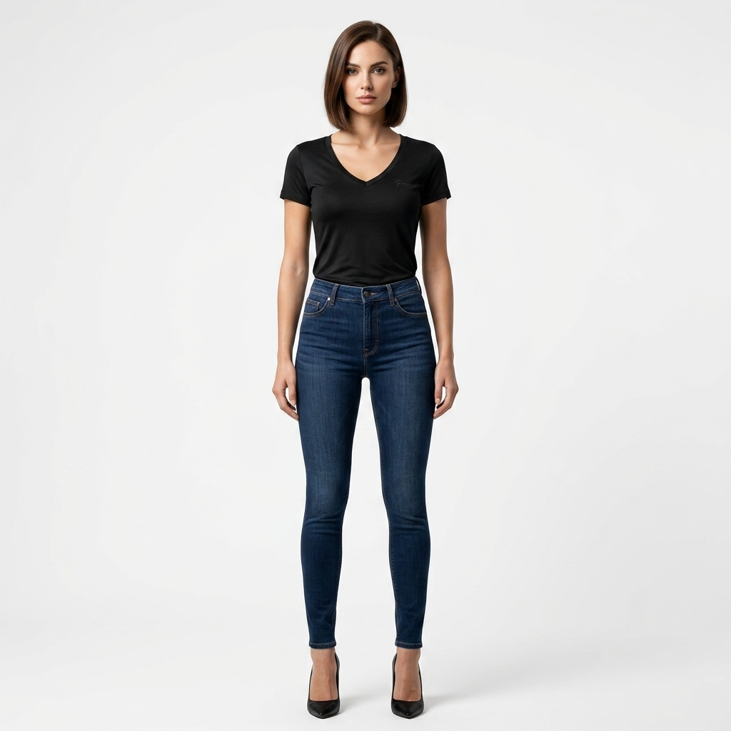 482845 Guess T-Shirt Nera Scollo V Donna